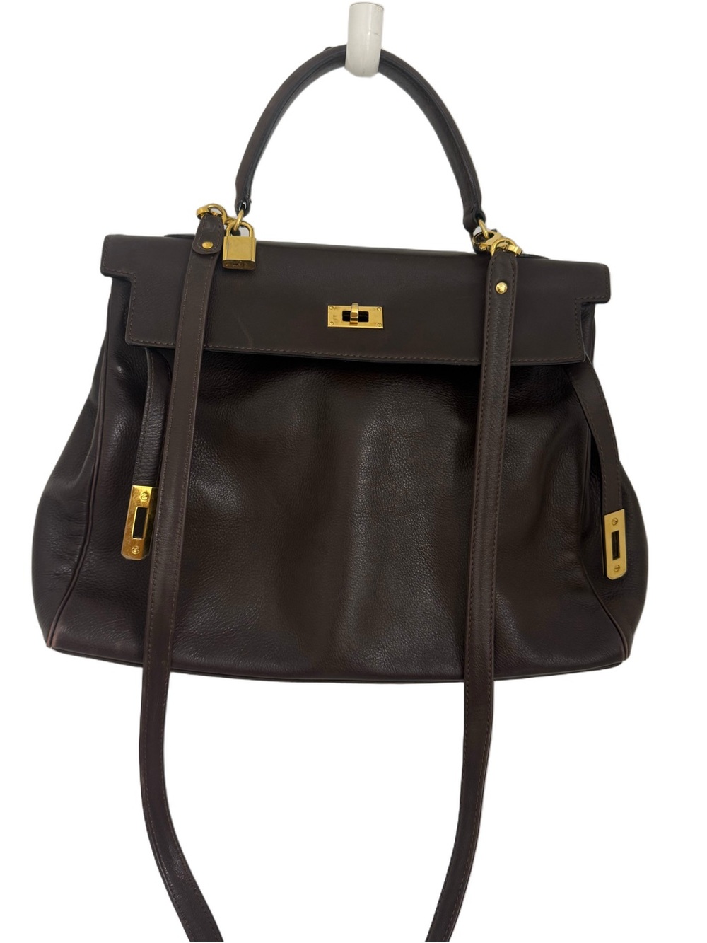 vintage Siso leather Kelly bag travel tote dark brown Size 15"
